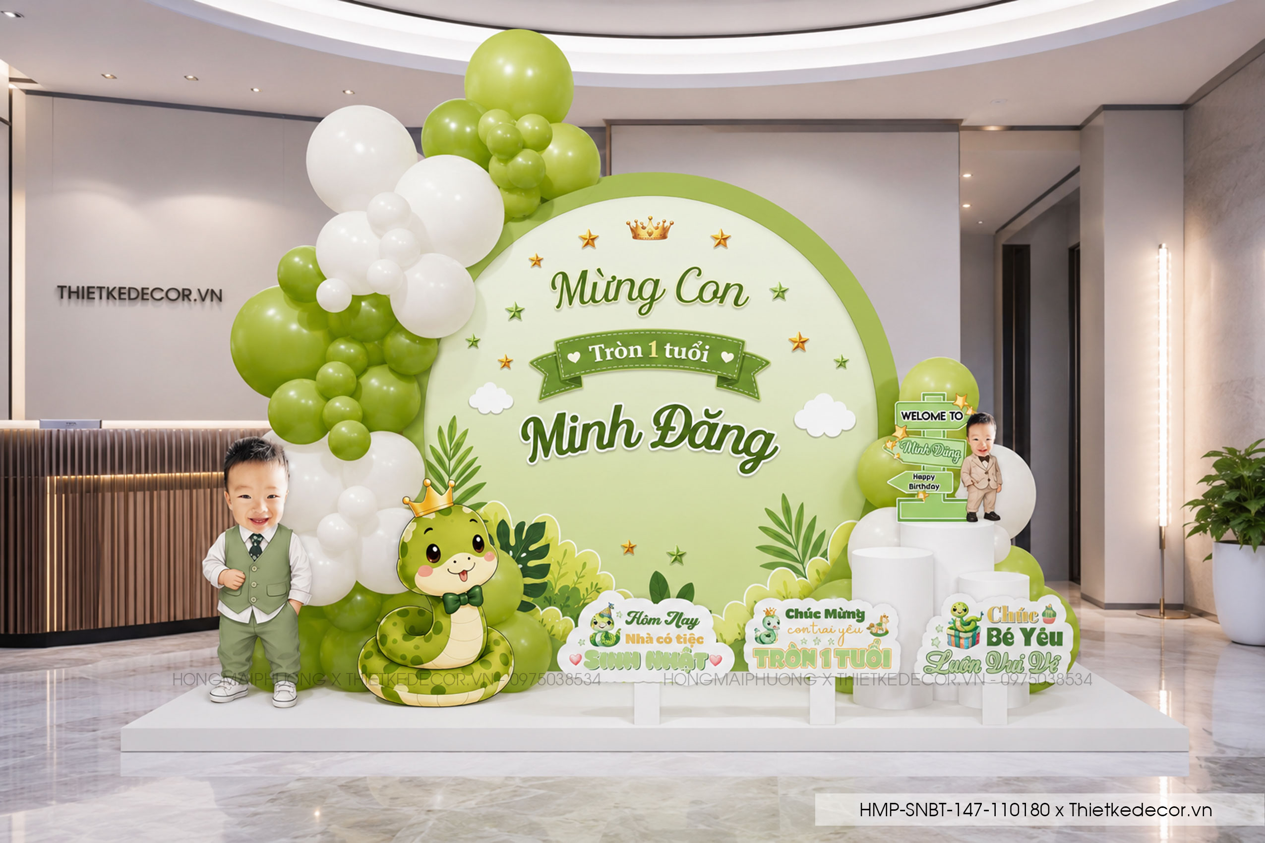 File thiết kế decor trang trí tiệc sinh nhật bé trai tuổi Rắn - Tỵ mix bong bóng cute dễ thương đáng yêu tone xanh lá